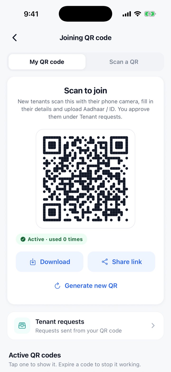 PG QR code screen for instant tenant onboarding in My PG Manager