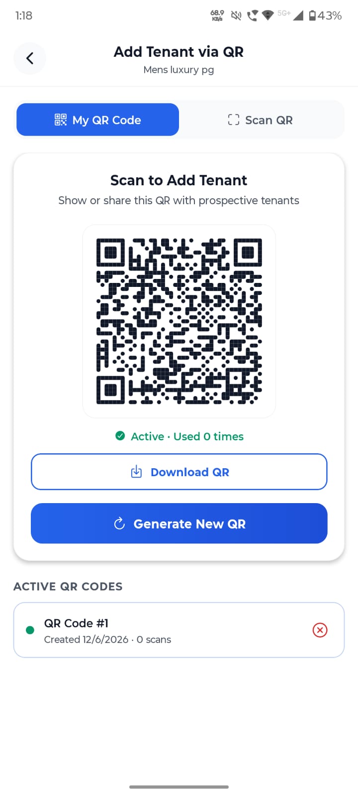 Add tenant via QR code screen in My PG Manager app