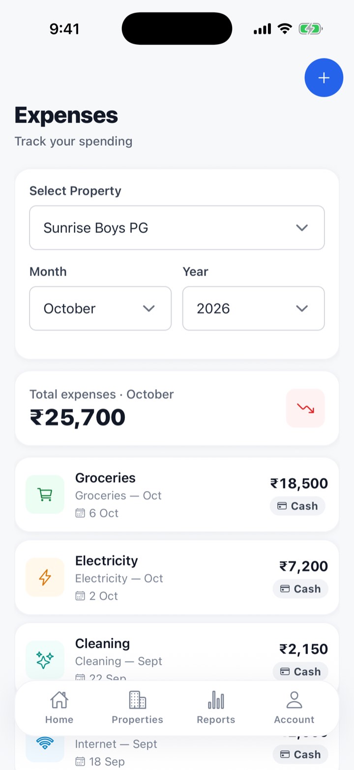Expenses screen in My PG Manager app