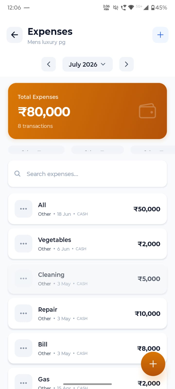 Expenses screen in My PG Manager app