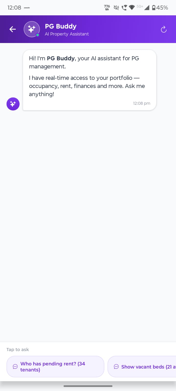 PG Buddy AI screen in My PG Manager app