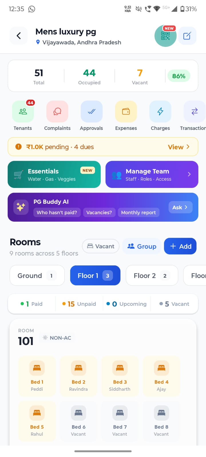 My PG Manager owner dashboard showing rooms, tenants, and rent collection