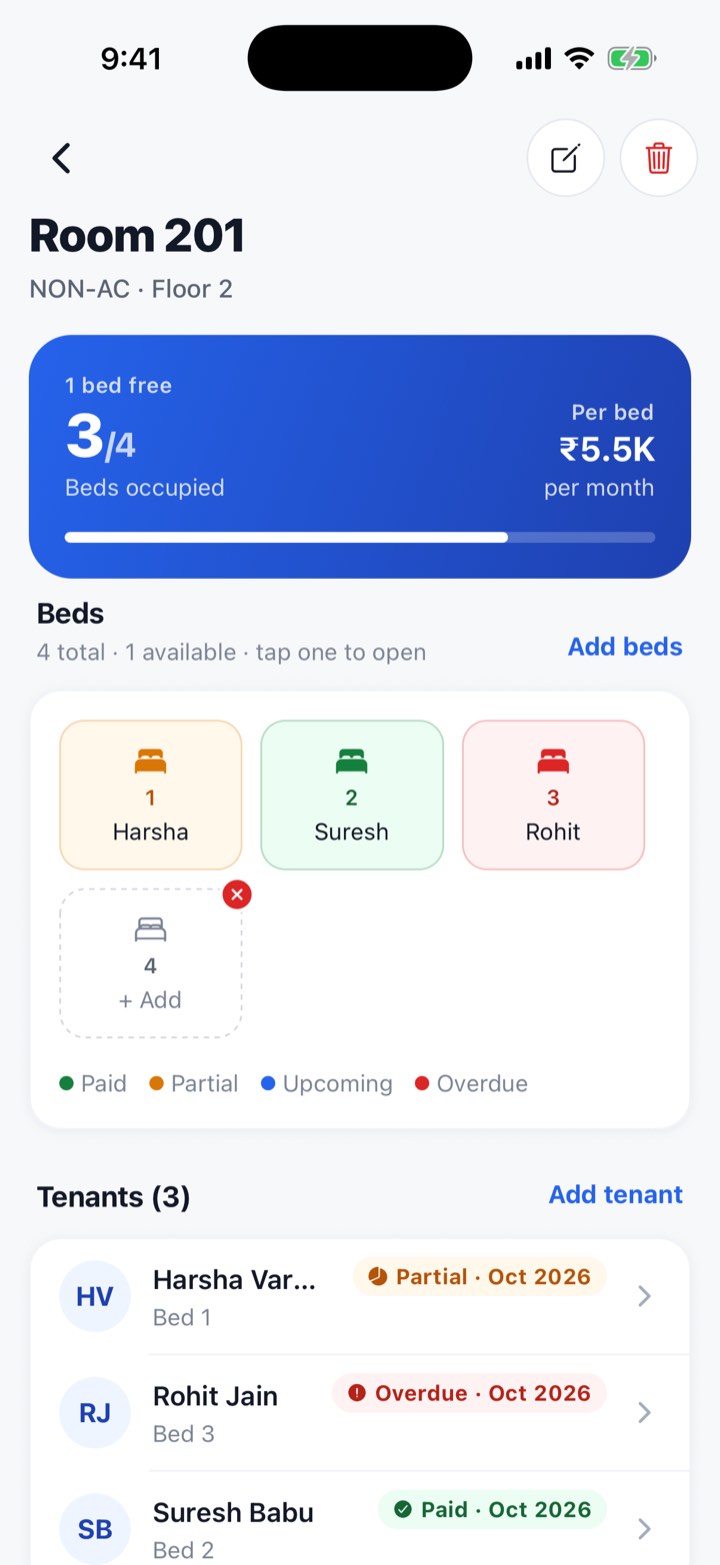 Room & Beds screen in My PG Manager app