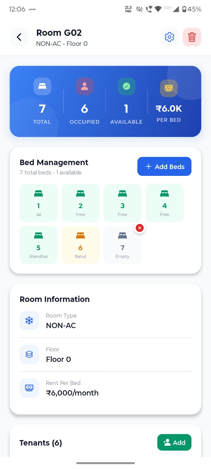Room & Beds screen in My PG Manager app