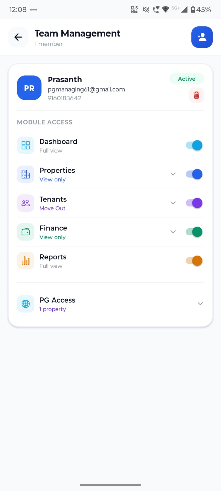 Team Access screen in My PG Manager app