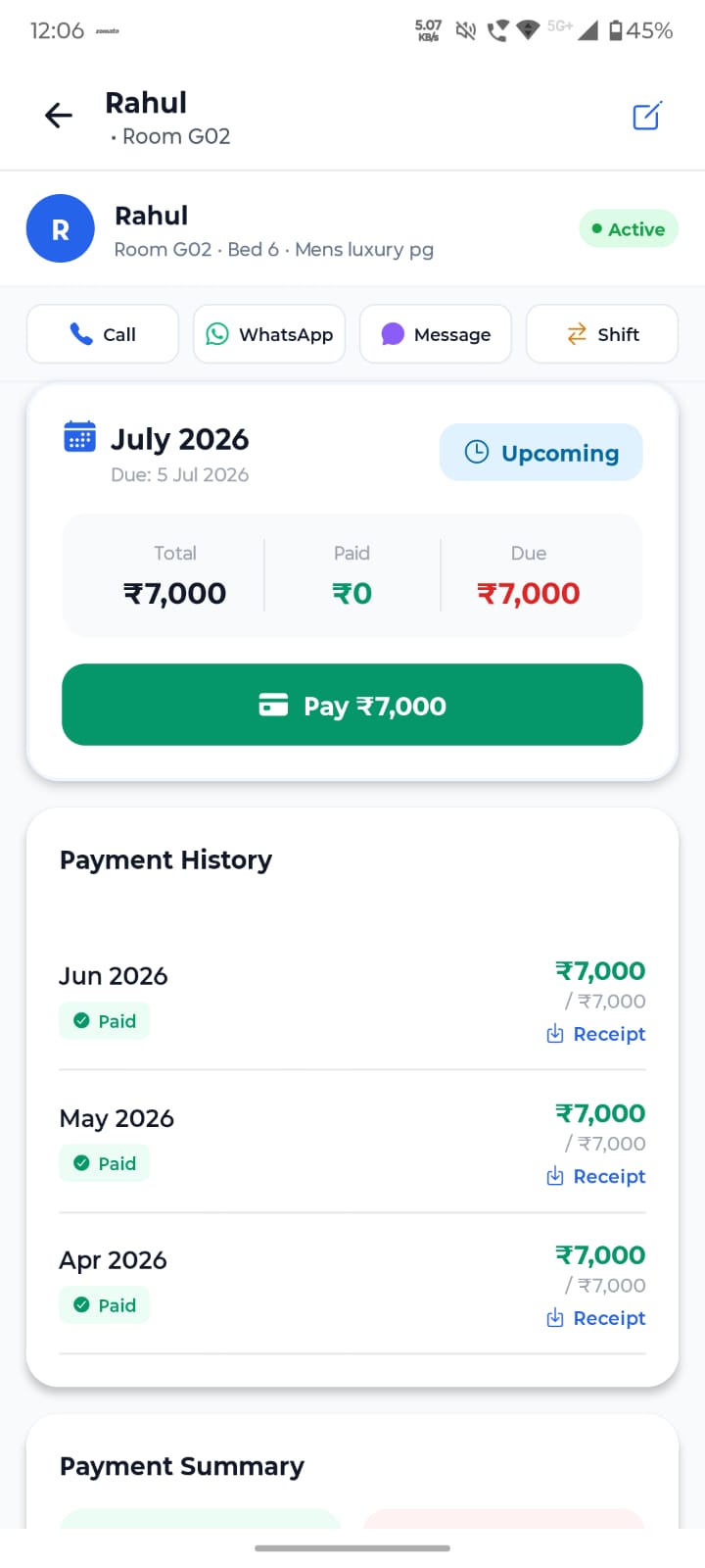 Tenant Payments screen in My PG Manager app